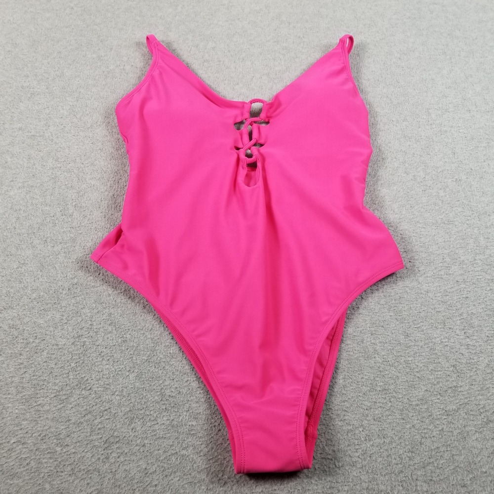 Shade & Shore One Piece Swimsuit Womens Medium 8 10 Pink High Cut V Neck Beach